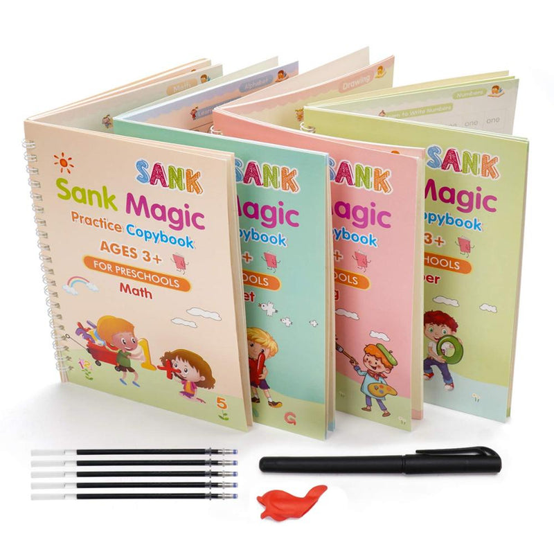 Kit 4 Cadernos de Caligrafia Mágicos Reutilizáveis – Aprenda e Pratique Sem Fim!